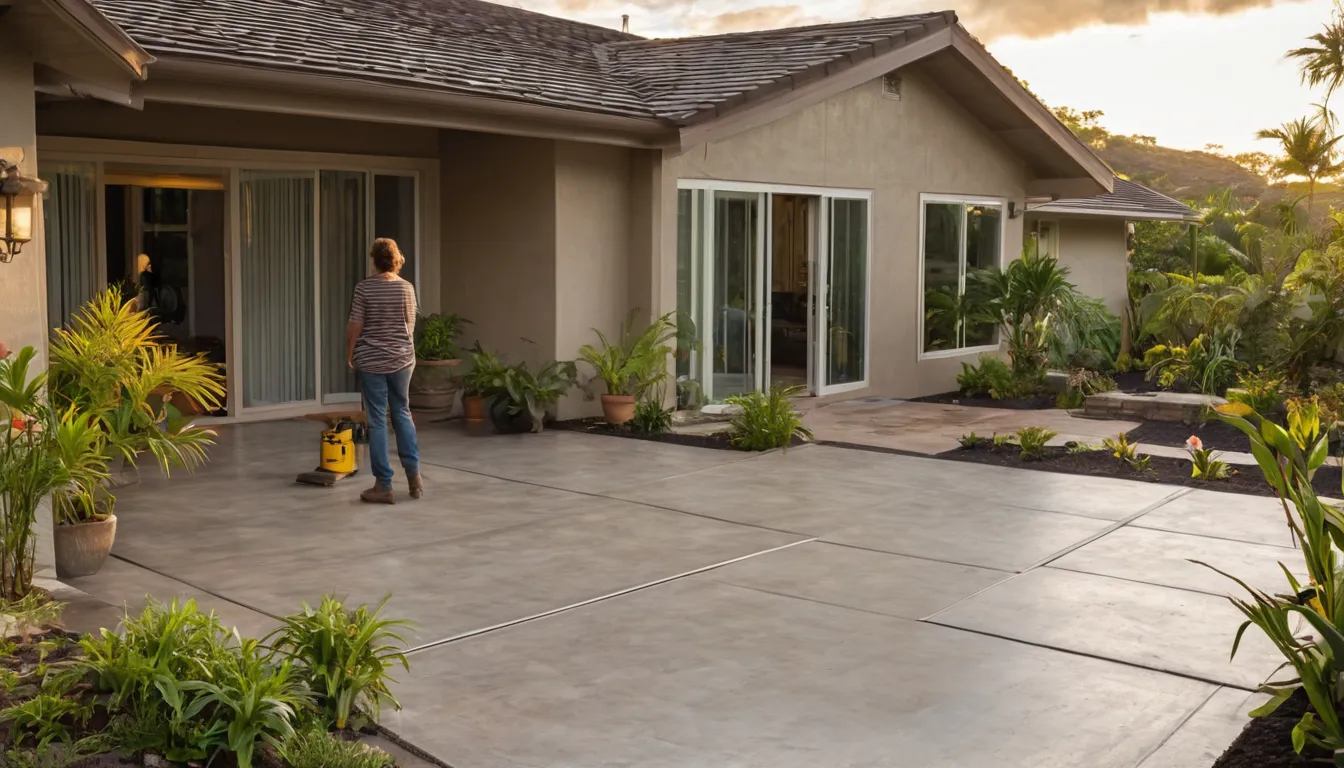 Newly poured concrete patio behind a single-story block home in the New Port Richey area, with patio chairs and a small table