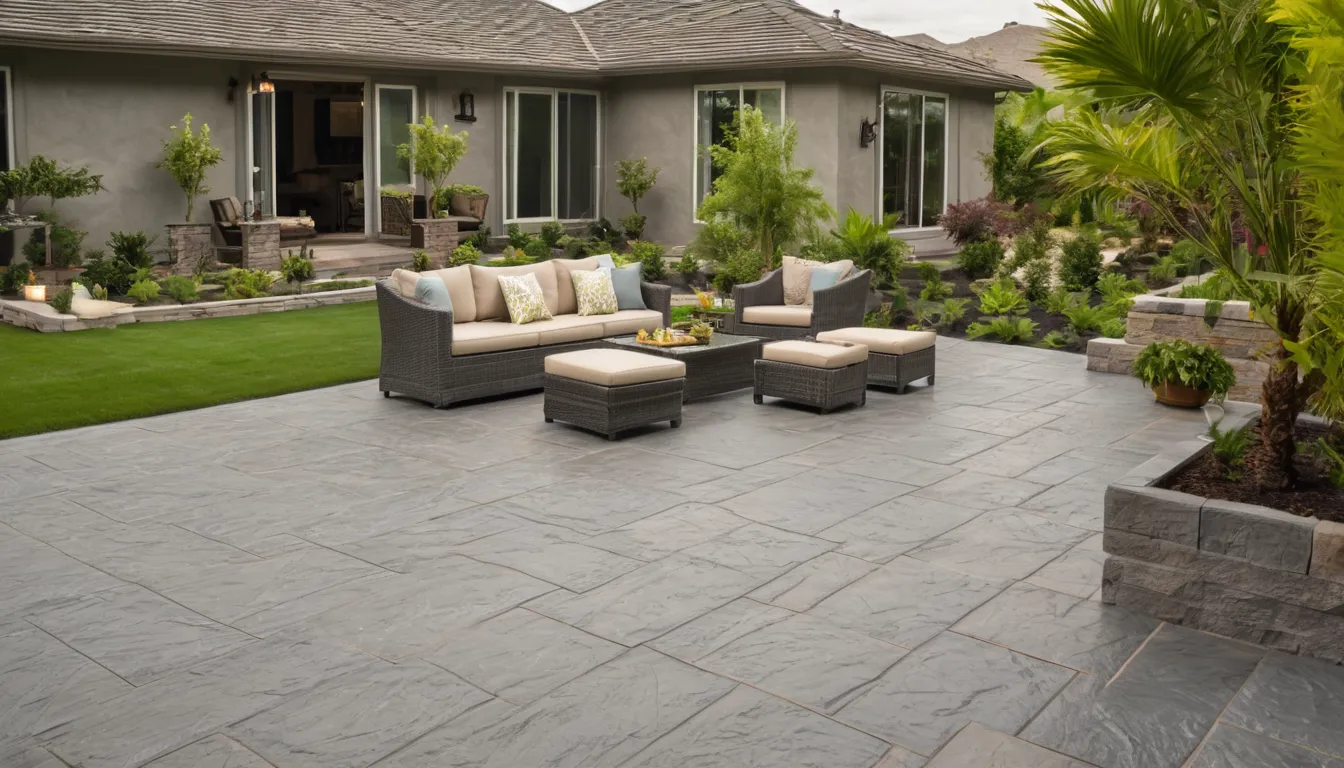 Stamped concrete patio with a slate pattern behind a block home in the New Port Richey area